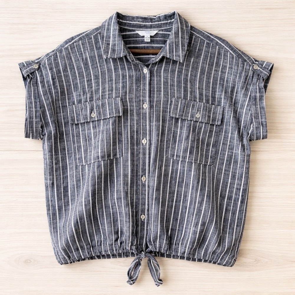 Linen Blend Striped Button Down Top Drawstring Hem Black White SIZE LARGE
